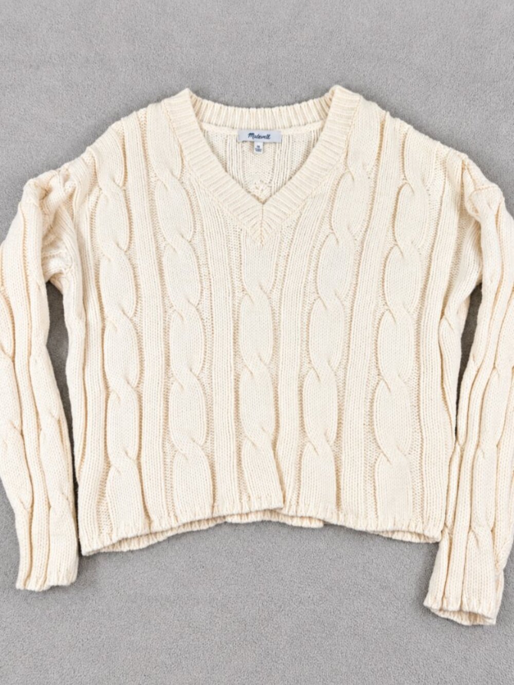 Madewell Cream Cable Knit V Neck Sweater XS Cotton Blend